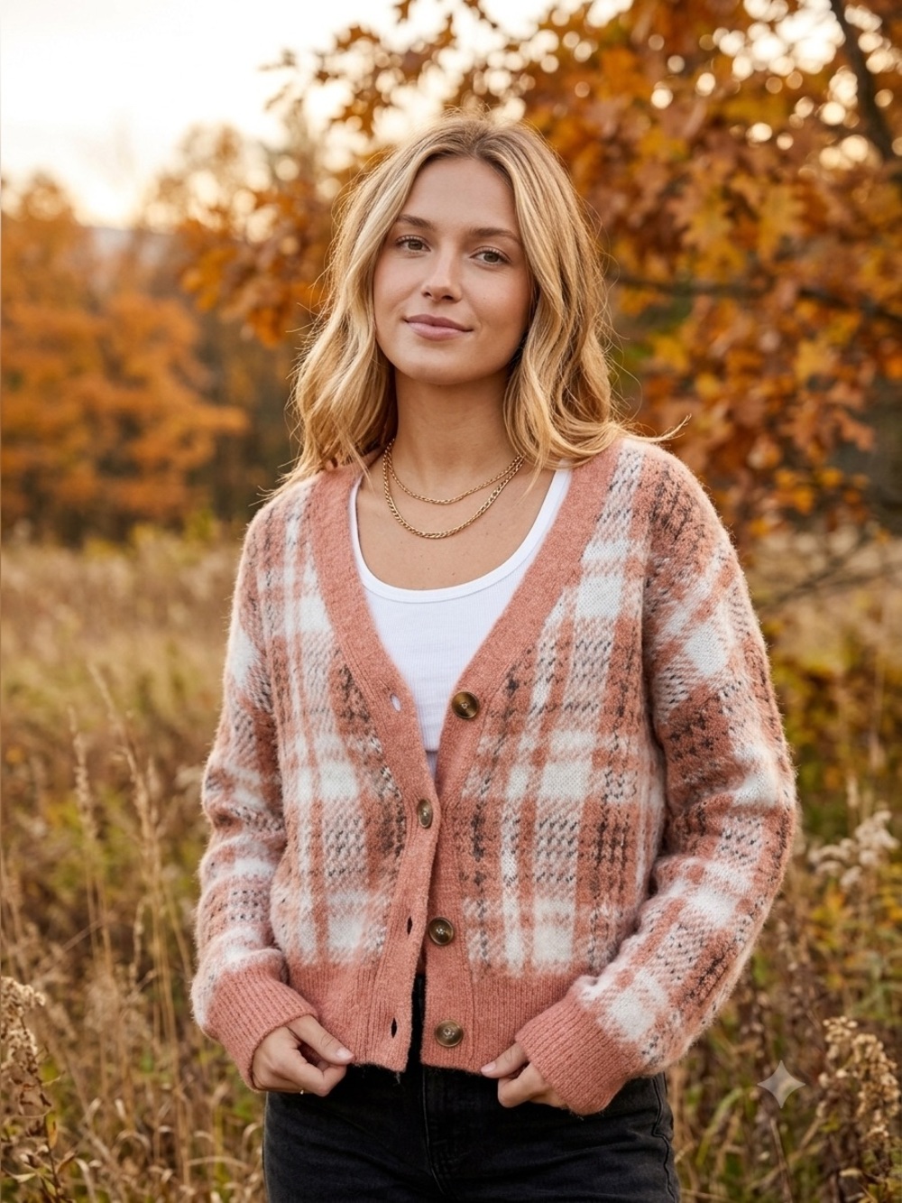 |EUC| CUPCAKES & CASHMERE Brushed Cropped Boyfriend V-Neck Plaid Cardigan